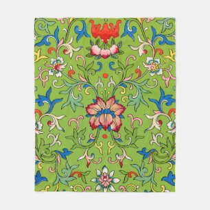 Vintage Owen Jones Chinese Ornament Green Floral Fleece Blanket
