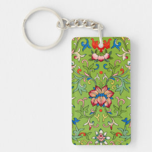 Vintage Owen Jones Chinese Ornament Green Floral Keychain