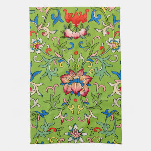 Vintage Owen Jones Chinese Ornament Green Floral Kitchen Towel