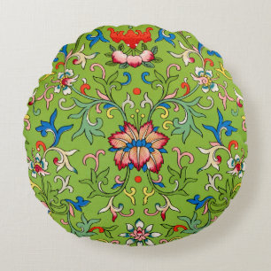 Vintage Owen Jones Chinese Ornament Green Floral Round Pillow