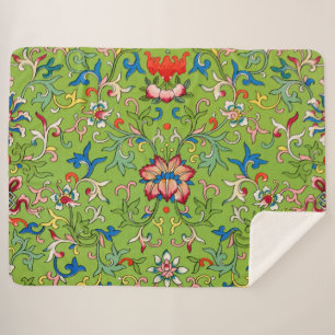 Vintage Owen Jones Chinese Ornament Green Floral Sherpa Blanket