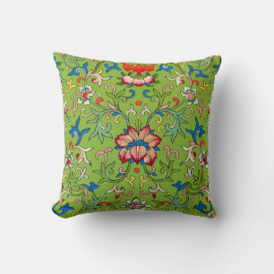 Vintage Owen Jones Chinese Ornament Green Floral Throw Pillow