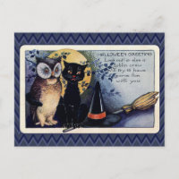 Vintage Owl and Cat Halloween Greeting