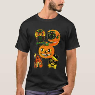 Vintage Owl And Cat Pumpkin Halloween T-Shirt