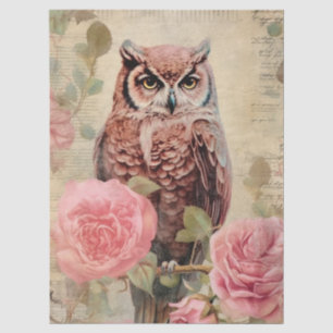 Vintage Owl and Pink Roses Decoupage Tissue Paper