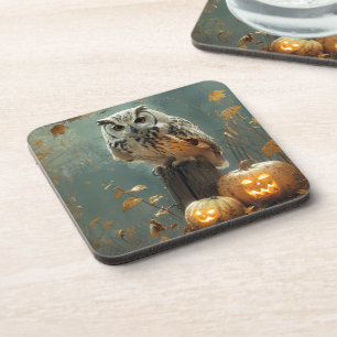 Vintage Owl and Pumpkins Autumn Halloween Coaster