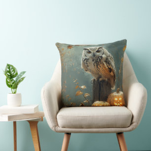 Vintage Owl and Pumpkins Autumn Halloween Throw Pillow