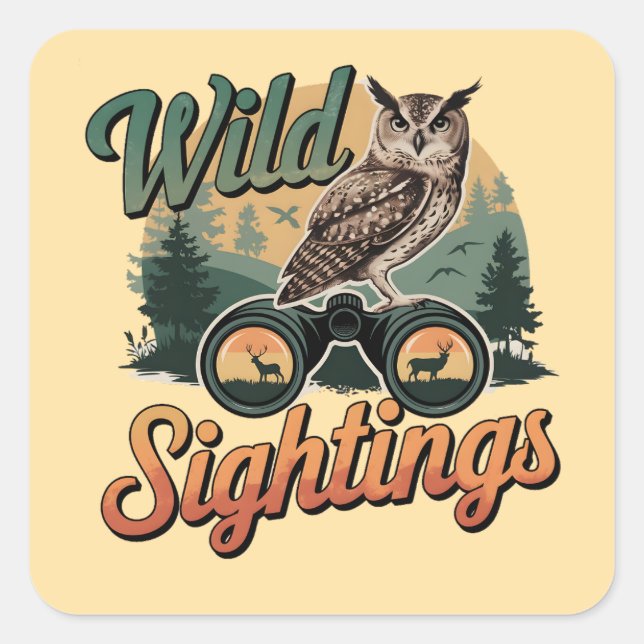 Vintage Owl & Binoculars Forest Scene Square Sticker (Front)