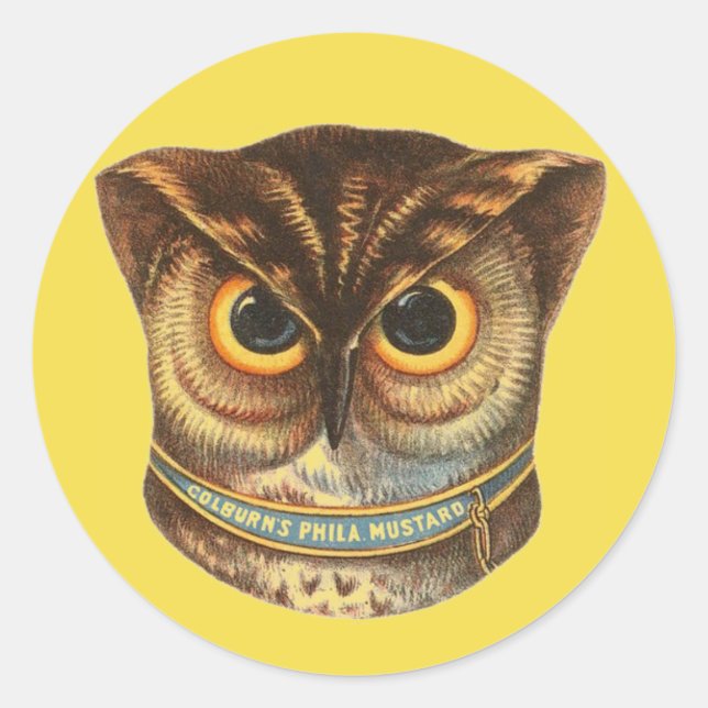 Vintage owl illustration mustard advertisement  classic round sticker (Front)