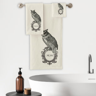 Vintage Owl Monogram Ivory Black Bath Towel Set