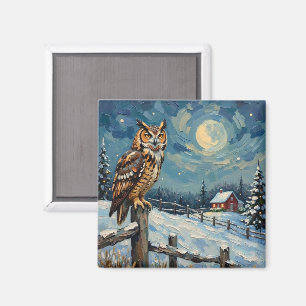 Vintage Owl on Fence Over Frozen Christmas Field Magnet