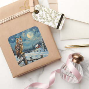 Vintage Owl on Fence Over Frozen Christmas Field Square Sticker