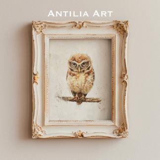 Vintage Owl Portrait Painting Woodland Animal Poster