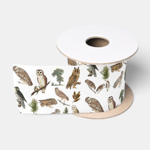 Vintage Owl Watercolor Forest Pattern Satin Ribbon