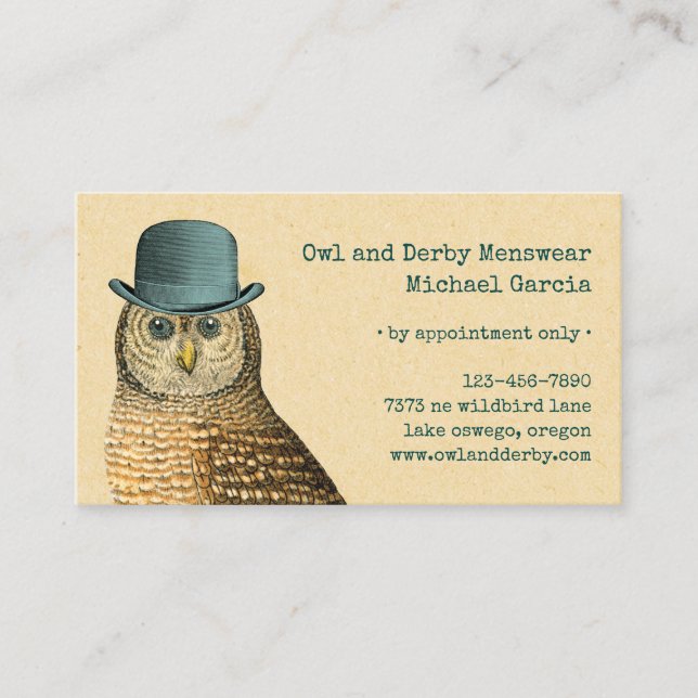 Vintage Owl with Green Derby Hat Business Card (Front)