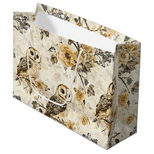Vintage Owls & Floral Botanical Pattern (9) Large Gift Bag