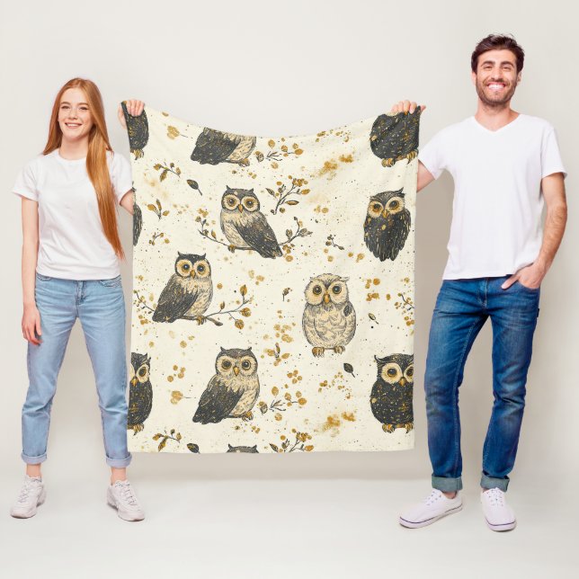 Vintage Owls & Floral Botanical Pattern Fleece Blanket (In Situ)