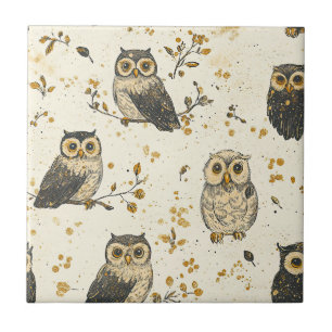 Vintage Owls & Floral Botanical Pattern Tile