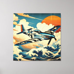 Vintage P-51 Mustang in Ukiyo-e Art Canvas Print