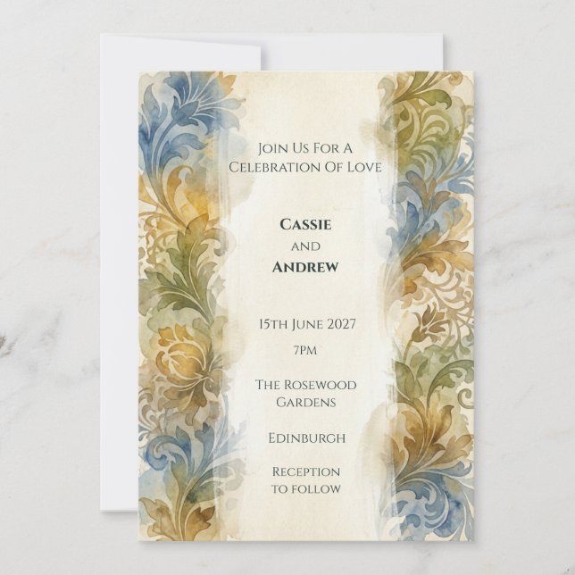 Vintage Painted Damask Wedding Invitation (Front)