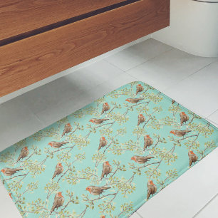 Vintage Painted European Robin Bird Pattern Bath Mat