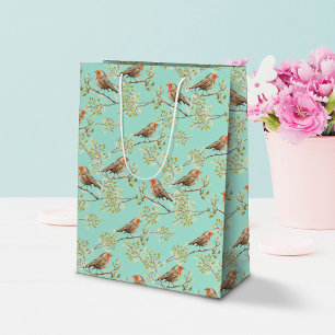 Vintage Painted European Robin Bird Pattern Medium Gift Bag