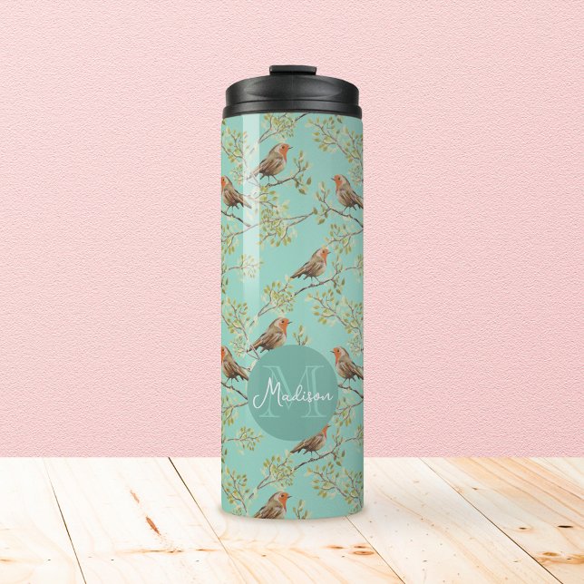 Vintage Painted European Robin Bird Pattern Thermal Tumbler (Vintage Red Robin Pattern & Custom Monogram Tumbler)