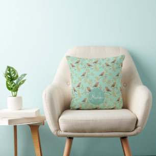 Vintage Painted European Robin Bird Pattern Throw Pillow