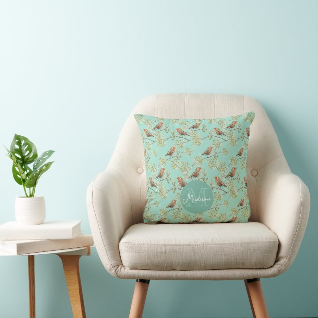 Vintage Painted European Robin Bird Pattern Throw Pillow (Chair)