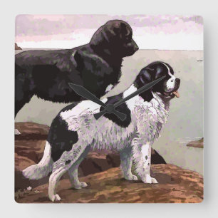 Vintage Painted Newfoundlands Square Wall Clock