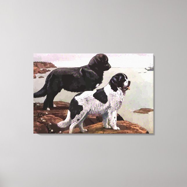 Vintage Painted Newfoundlands Wrapped Canvas Print (Front)