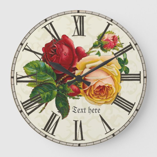 Vintage Painted Roses Personalized Large Clock (Front)