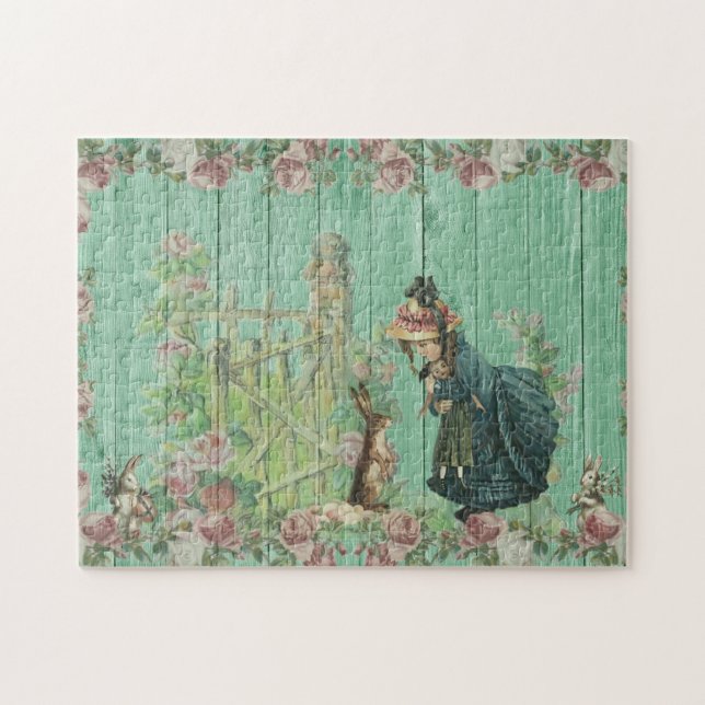 Vintage Painted Rustic Easter Rabbit Scene Jigsaw Puzzle (Horizontal)
