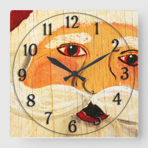 Vintage Painted Santa Clause Face Weathered Square Wall Clock