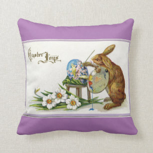 Vintage Painting Easter Rabbit Throw Pillow