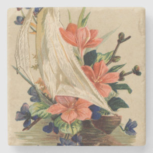 Vintage Painting - Flowers in a Sailboat. Stone Coaster