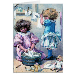 Vintage painting girls washing clothes laundry day