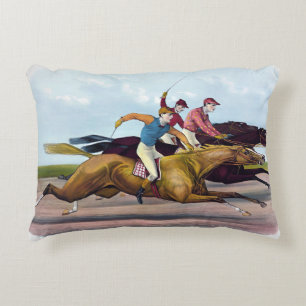 Vintage Painting Of A Horse Race Scene, Horses Accent Pillow