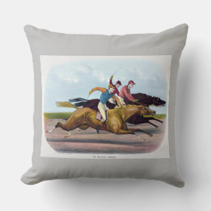 Vintage Painting Of A Horse Race Scene, Horses Throw Pillow