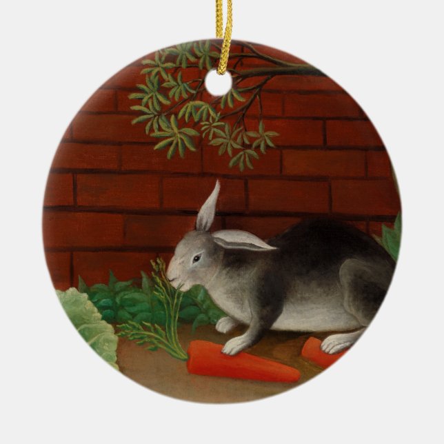 Vintage Painting Rabbit eating Carrot Ceramic Ornament (Front)