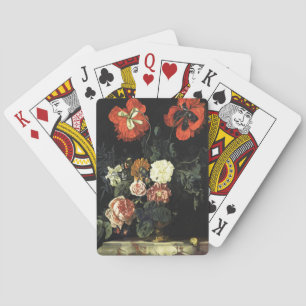 Vintage painting Still Life with Flowers  Playing Cards