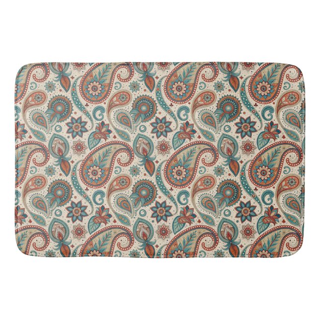 Vintage Paisley in Red Teal Cream Bath Mat (Front)