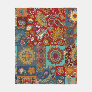 Vintage Paisley Mandala Colourful Patchwork Fleece Blanket
