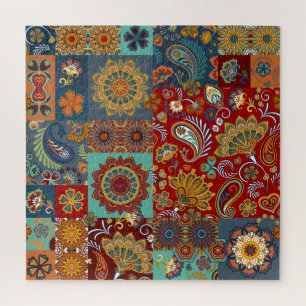 Vintage Paisley Mandala Colourful Patchwork Jigsaw Puzzle