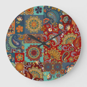 Vintage Paisley Mandala Colourful Patchwork Large Clock