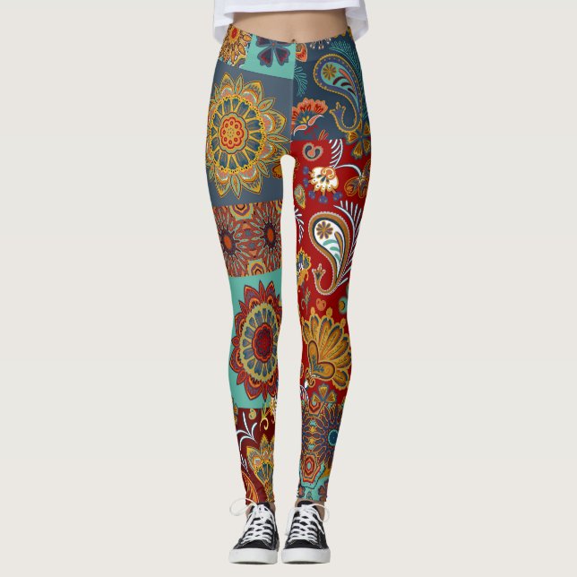 Vintage Paisley Mandala Colourful Patchwork Leggings (Front)