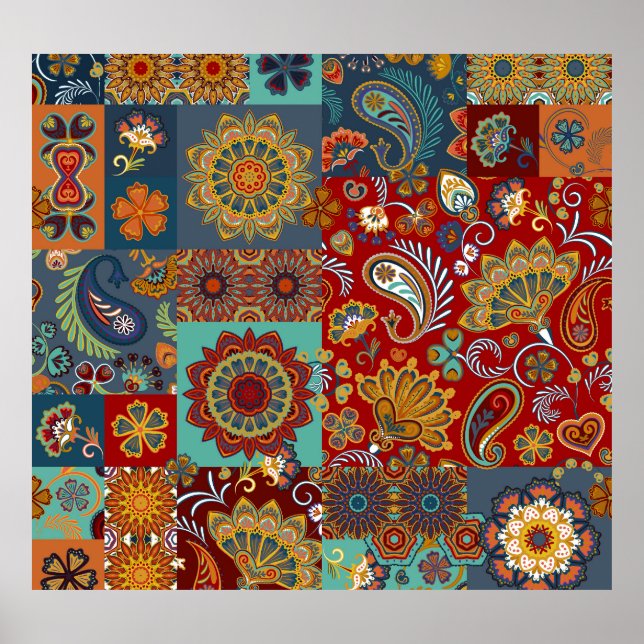 Vintage Paisley Mandala Colourful Patchwork Poster (Front)