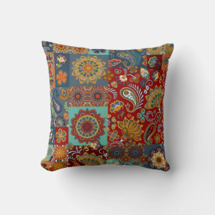 Vintage Paisley Mandala Colourful Patchwork Throw Pillow