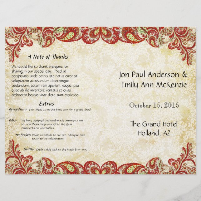Vintage Paisley Peacock Red Wedding Program (Front)