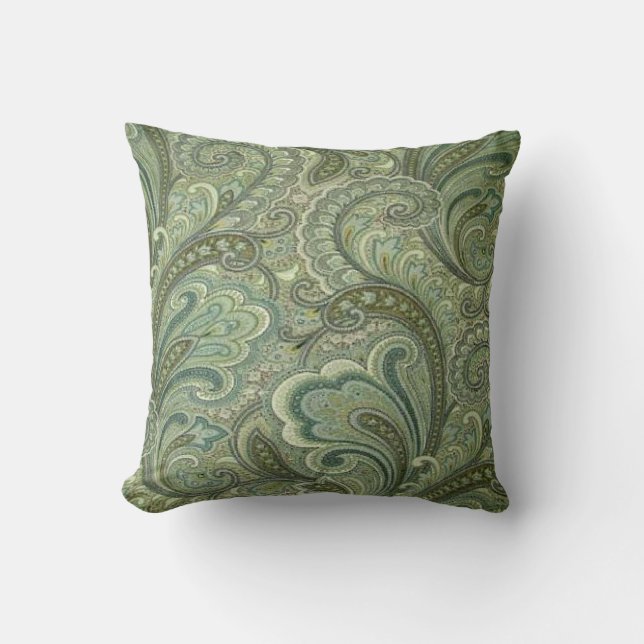 Vintage Paisley Sage MoJo Throw Pillow (Front)